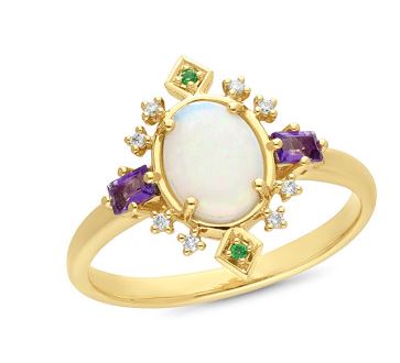 9ct Yellow Gold Crystal Opal. Amethyst, Tsavorite Green & Diamond Ring